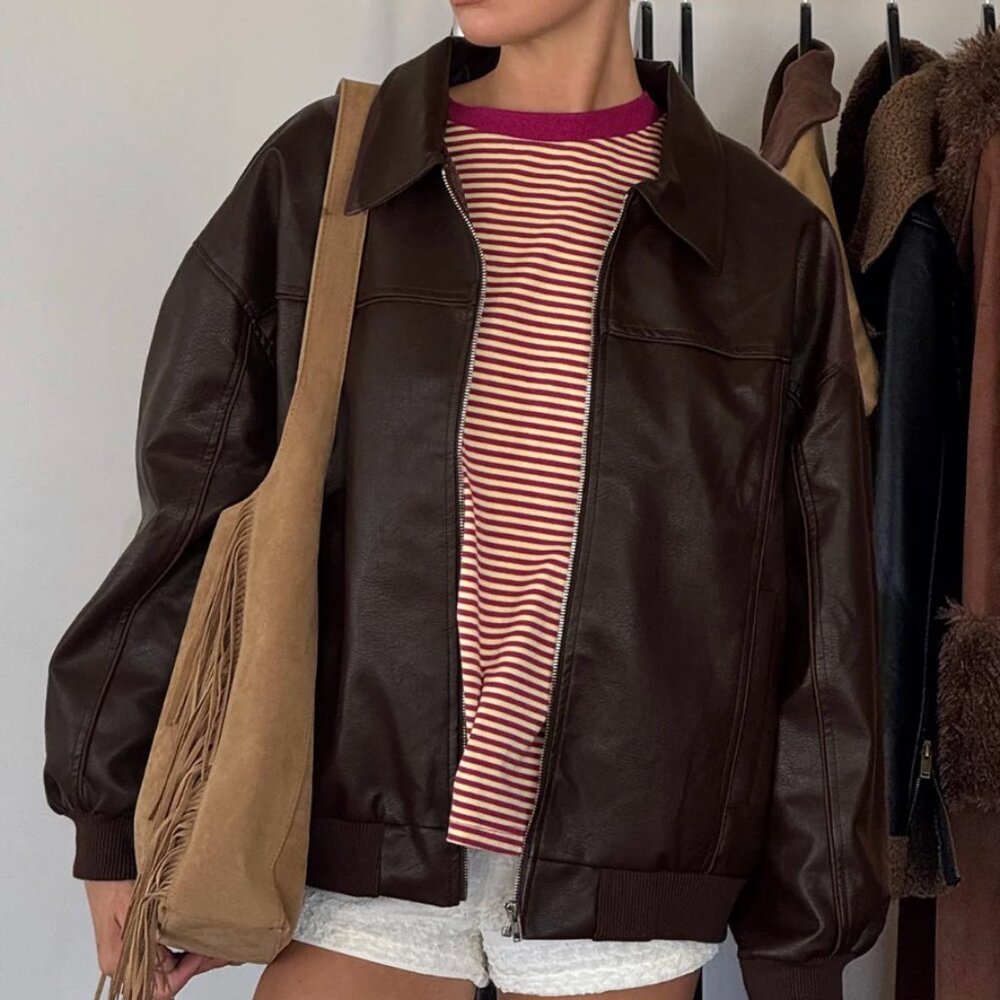 Brown Faux Leather Bomber Jacket
